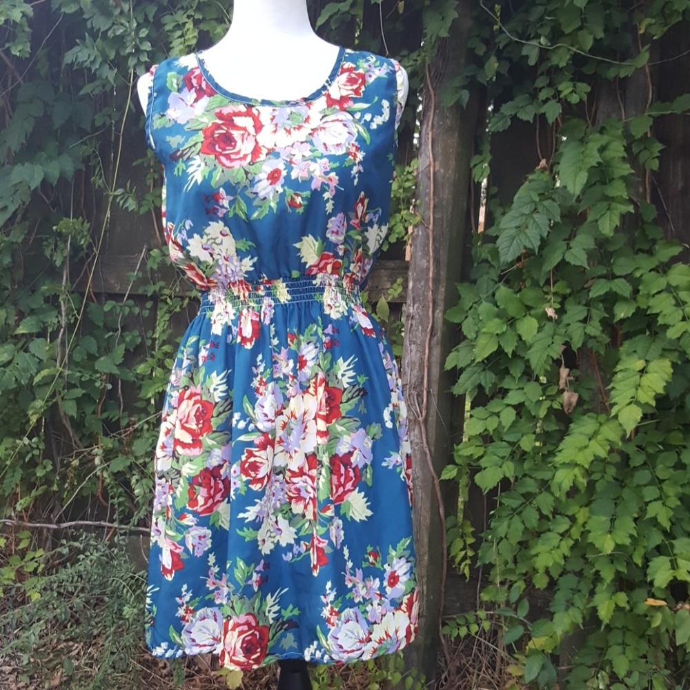 Drunken Tango Floral Print Blue Pullover Dress L
